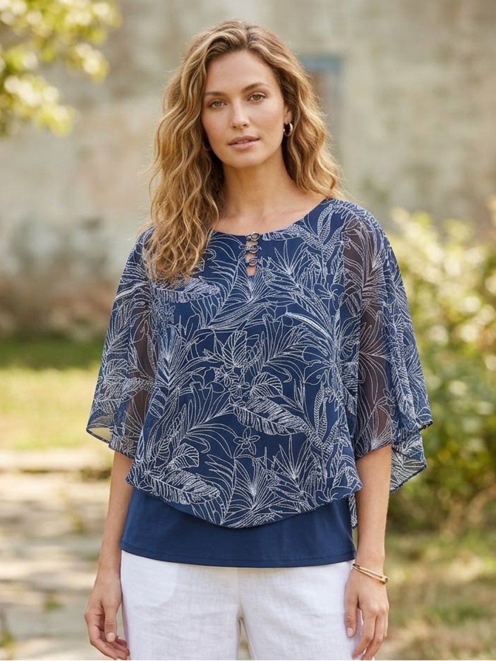 Women's Plus Navy Floral Classic Poncho Style Overlay Top
